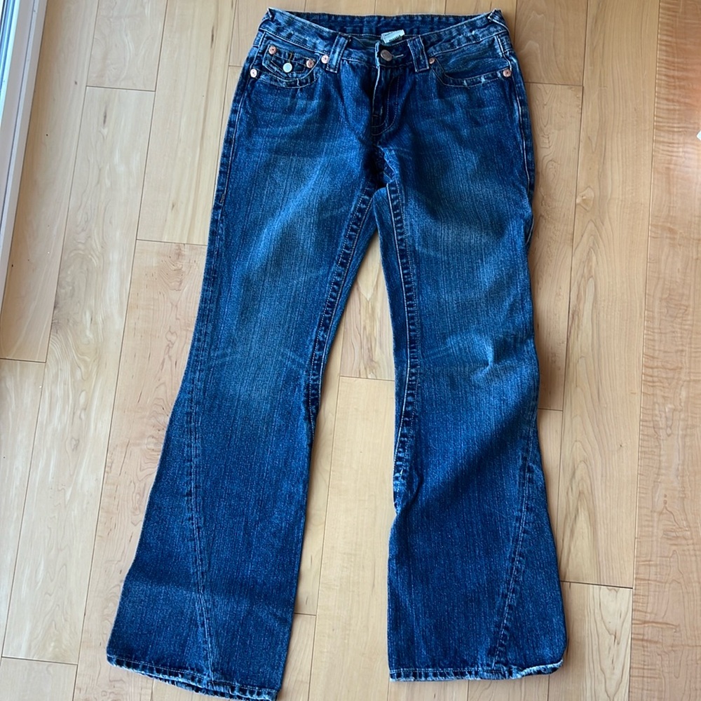 True Religion RN#4528 low rise flare jeans with jeweled back pockets